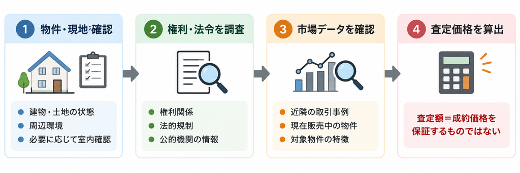 物件・権利・市場データを確認し、複数の情報から不動産の査定価格を算出する4段階の流れ