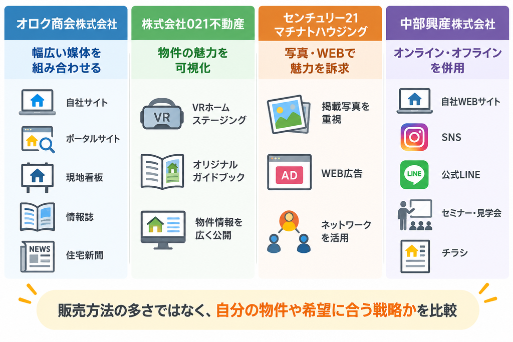 4社の不動産販売戦略を媒体、VR、WEB広告、SNSなどの訴求方法で比較した図解